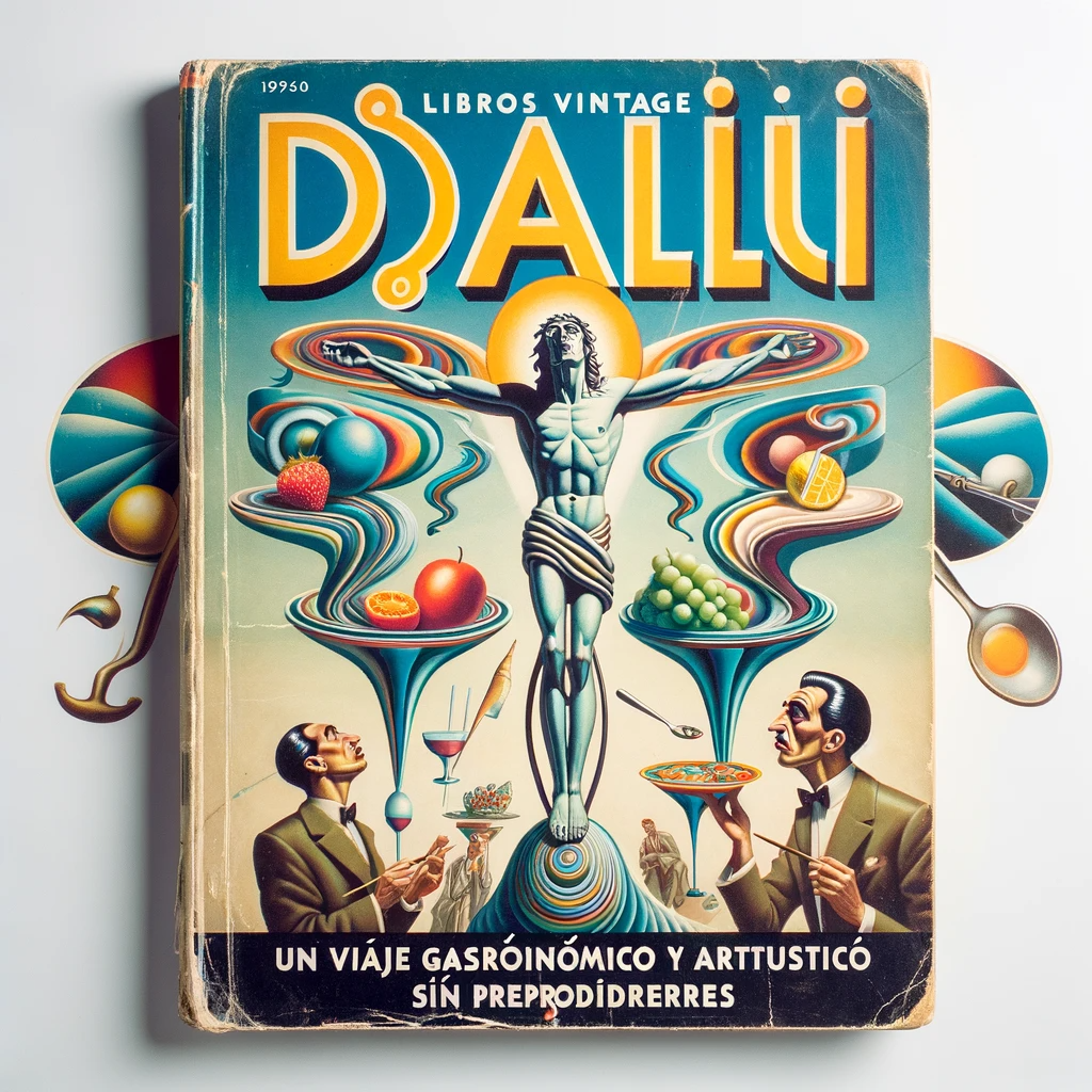 DALL·E 2023 11 03 09.56.35 Photo of a retro futuristic magazine cover featuring a vintage gastronomy and art theme with the title Libros Dali Vintage Un Viaje Gastronomico y